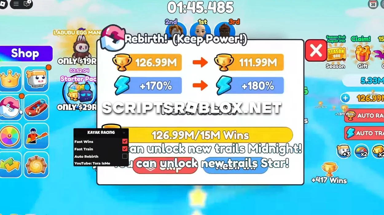 Kayak Racing Script: Fast Wins, Fast Train, Auto Rebith, OP GUI