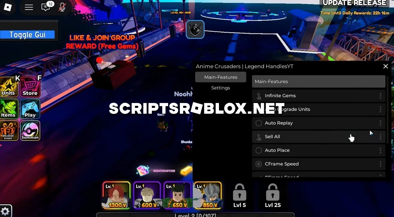 Anime Crusaders Script - Infinite Gems, Auto Upgrade Units & More Features