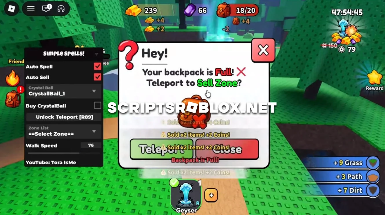 Simple Spells Script - Auto Farm, Teleports & Auto Sell (No Key)