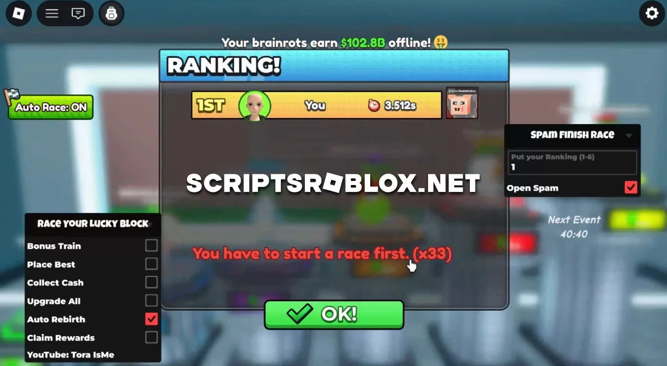 Race Your Lucky Block Script - Auto Farm, Bonus Train & More